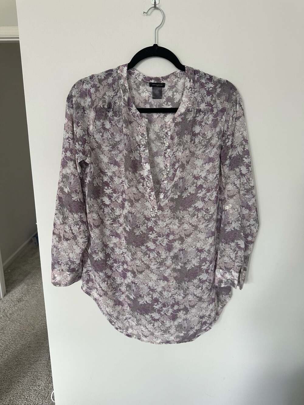 Ann Taylor Women's Small Floral Print Sheer Tab Sleeve Button Blouse